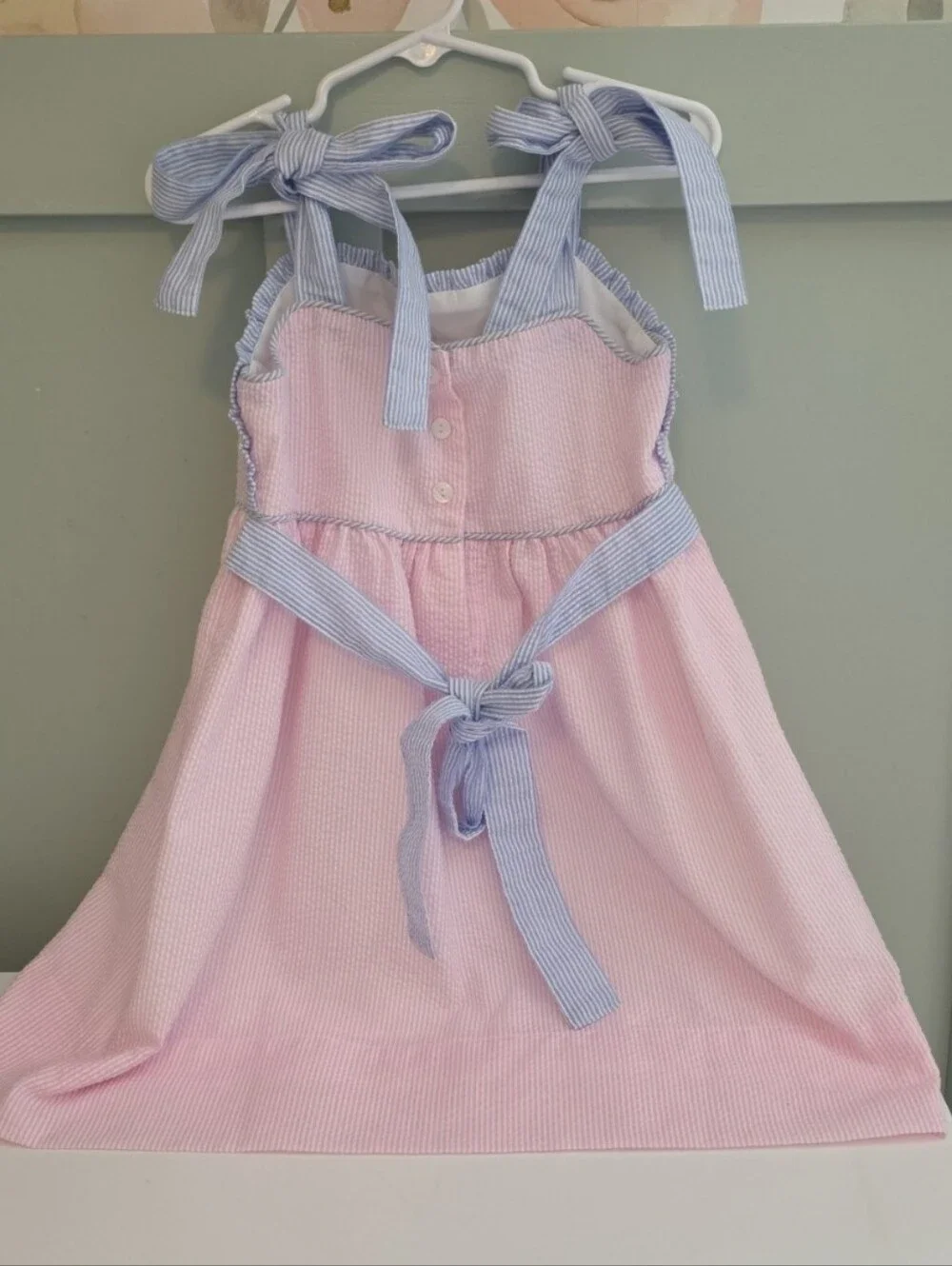 The Yellow Lamb 4 Or 4t Pink Sundress with Blue Tie Straps Smocked Brand